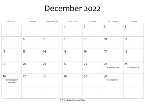 December 2022 Calendar Editable